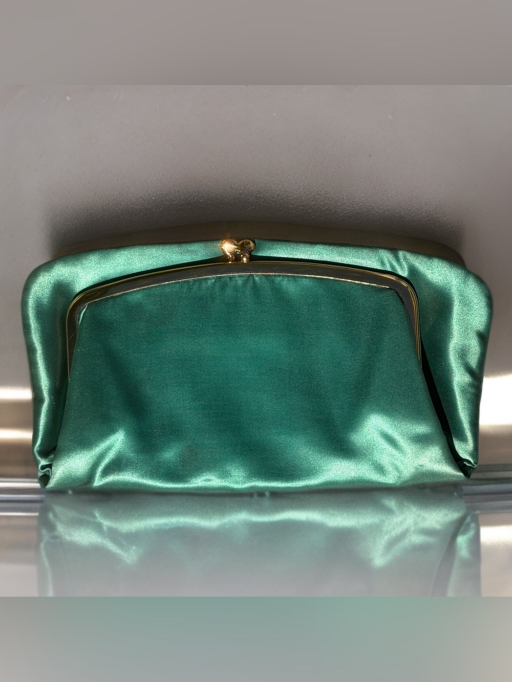 Vintage Emerald Satin Evening Bag with Gold Hardware